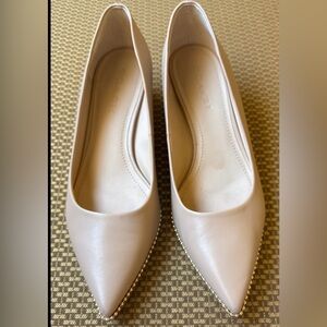 Coach Women's Waverly Nude blush pumps Leather Block Heel Gold BeadChain 8.5